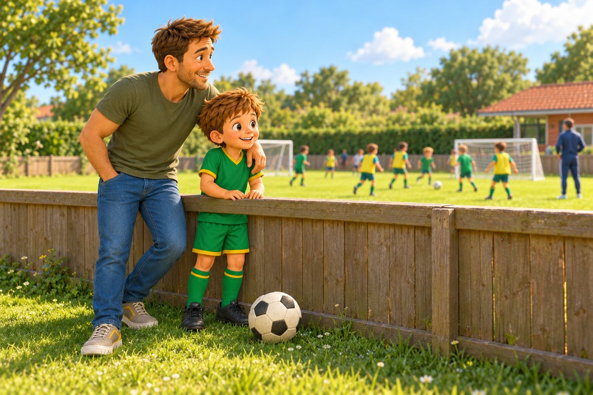 A dad and his boy stand side by side behind a low barrier, watching a small-sided game on a little community pitch with tiny goals.
