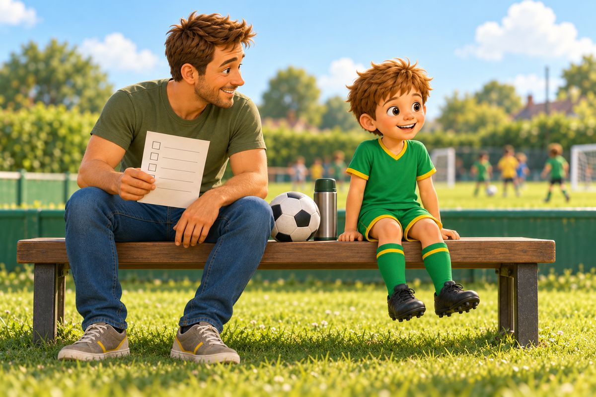 A dad and his boy sit together on a bench beside a small pitch, the dad holding a plain sheet of paper while the boy watches the game.