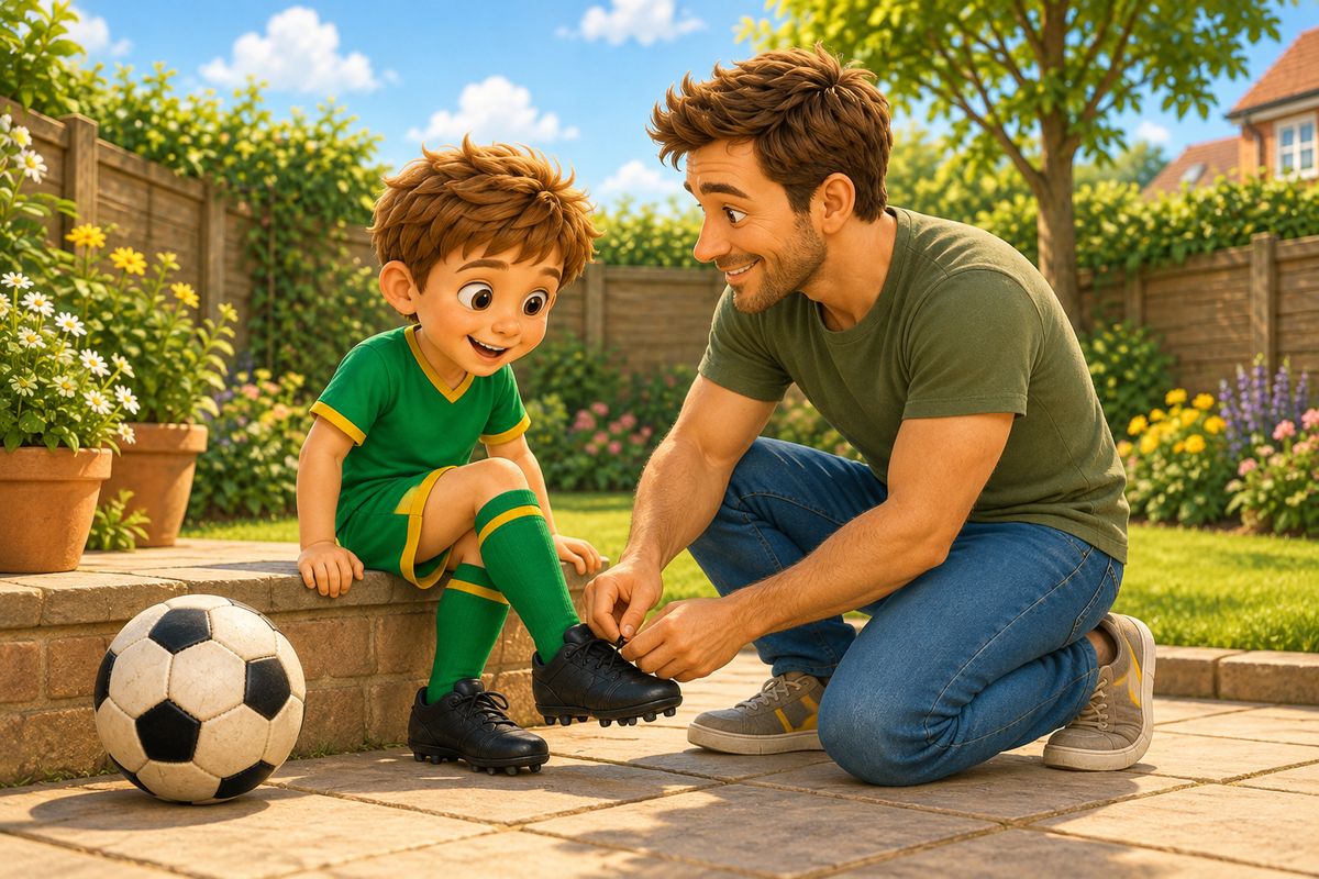 A dad kneeling on a garden patio to fasten a boy's football boots, with a football beside them