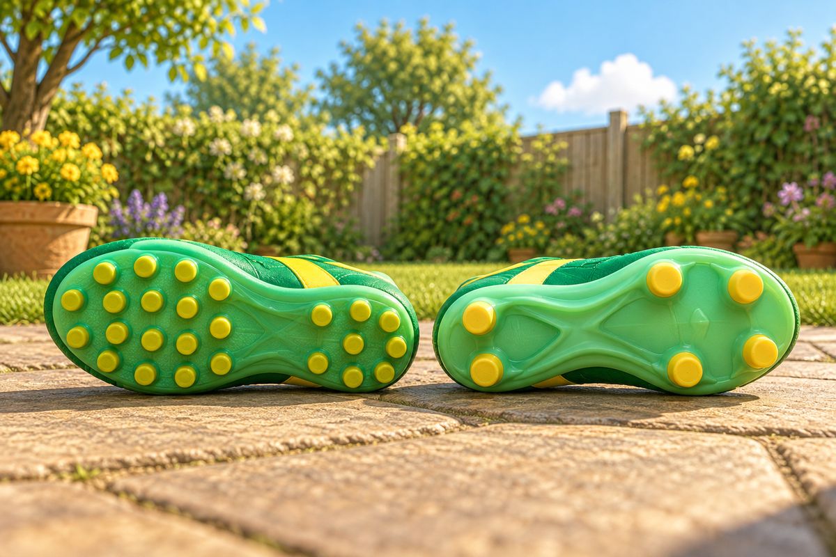 A close side-by-side comparison of two football boot soles on a patio, one with many small studs and one with fewer longer studs.
