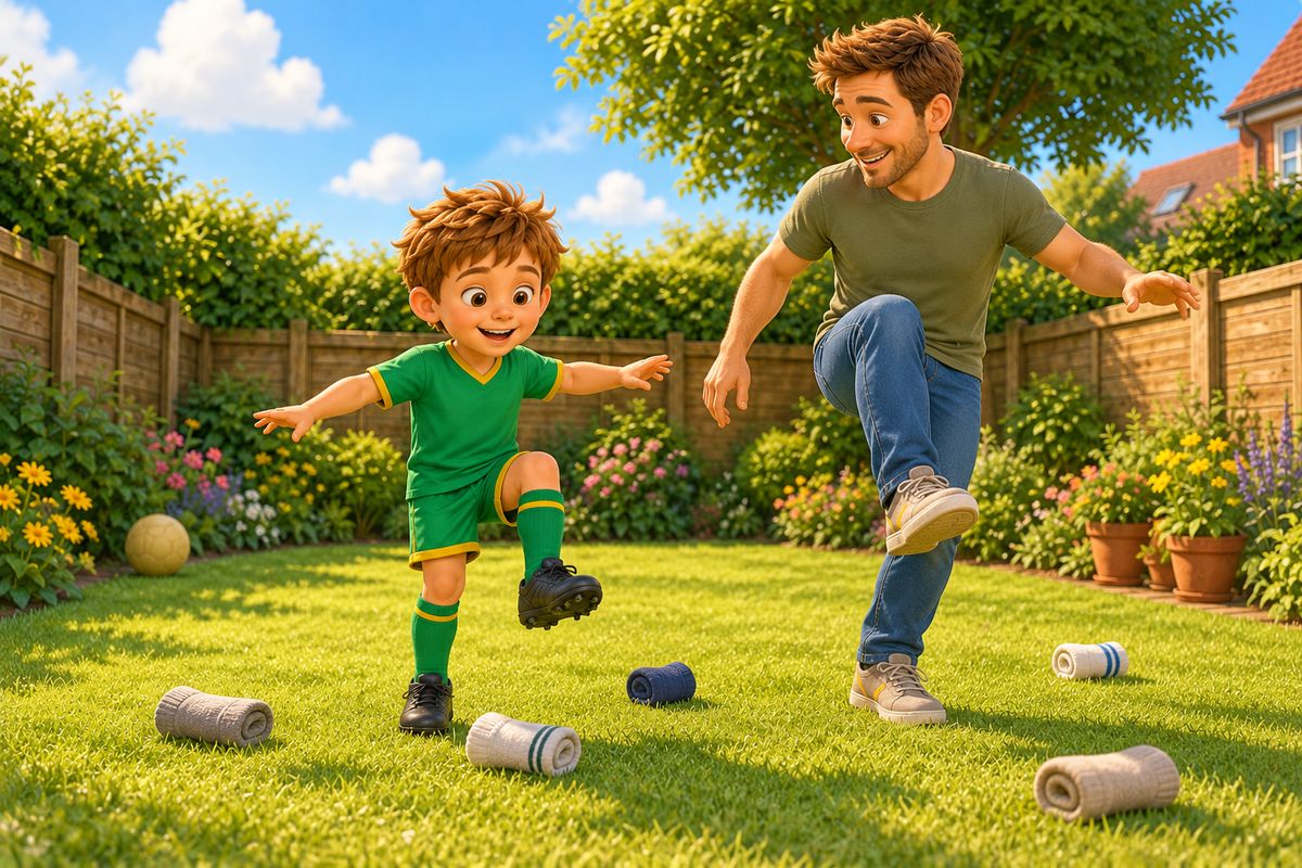 A boy steps slowly over rolled-up sock puddles on the grass, one foot lifted and arms out, laughing, while his dad steps beside him in the same slow pose.