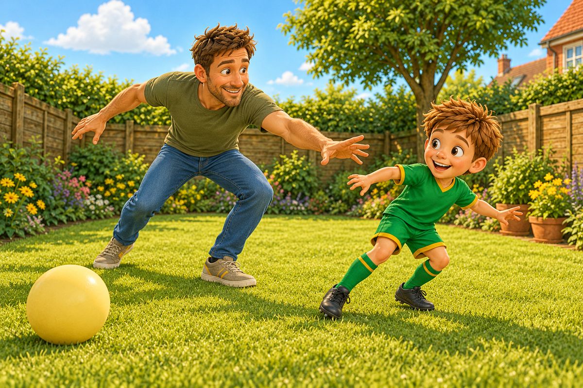 A dad and his boy play tag in slow motion on the grass, both stretched out in exaggerated slow reaching poses, grinning.