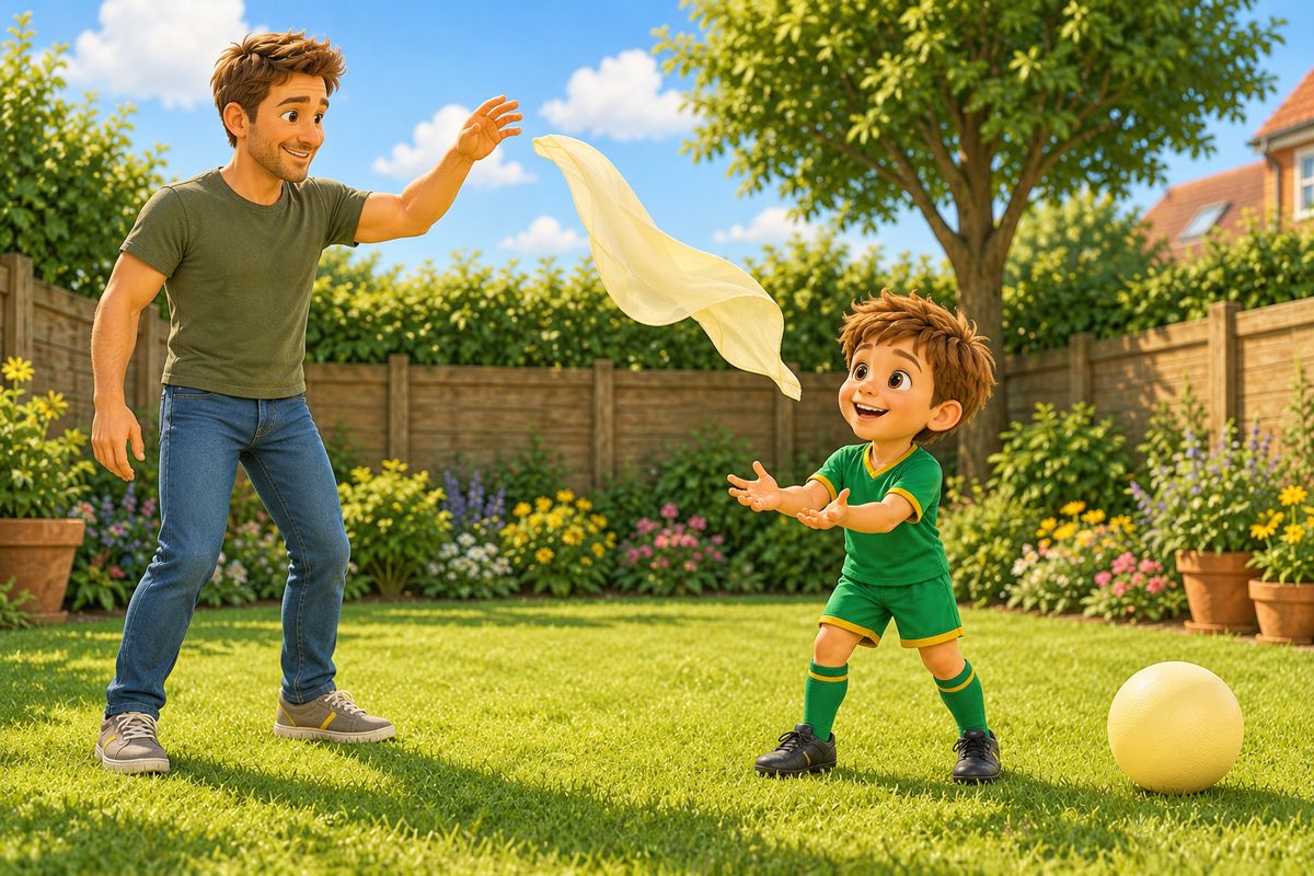 A pale scarf floats down between a dad and his boy, the boy watching it with both hands open below, a big soft ball resting nearby on the grass.