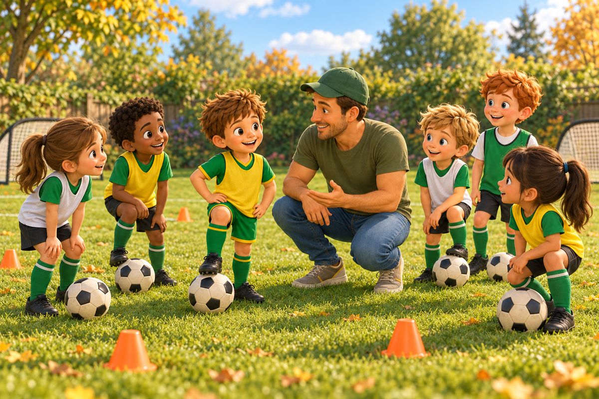 A dad in a plain green cap crouches among a small group of children on a grass pitch, a ball at each child's feet and pop-up goals behind.