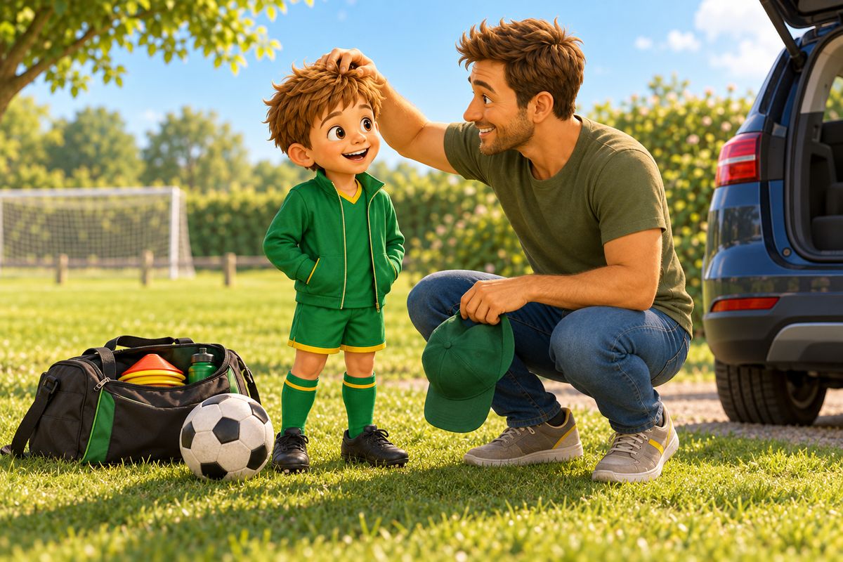 A dad takes off a plain green cap beside a parked car after the last child has left, while the boy grins up at him, a kit bag at their feet.