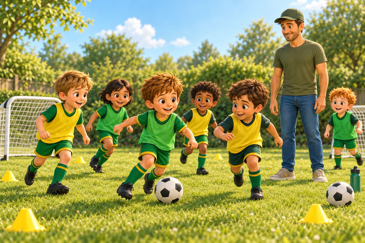 Six children in plain bibs play a small three-a-side game on a coned patch of grass while a dad-coach watches with relaxed arms.