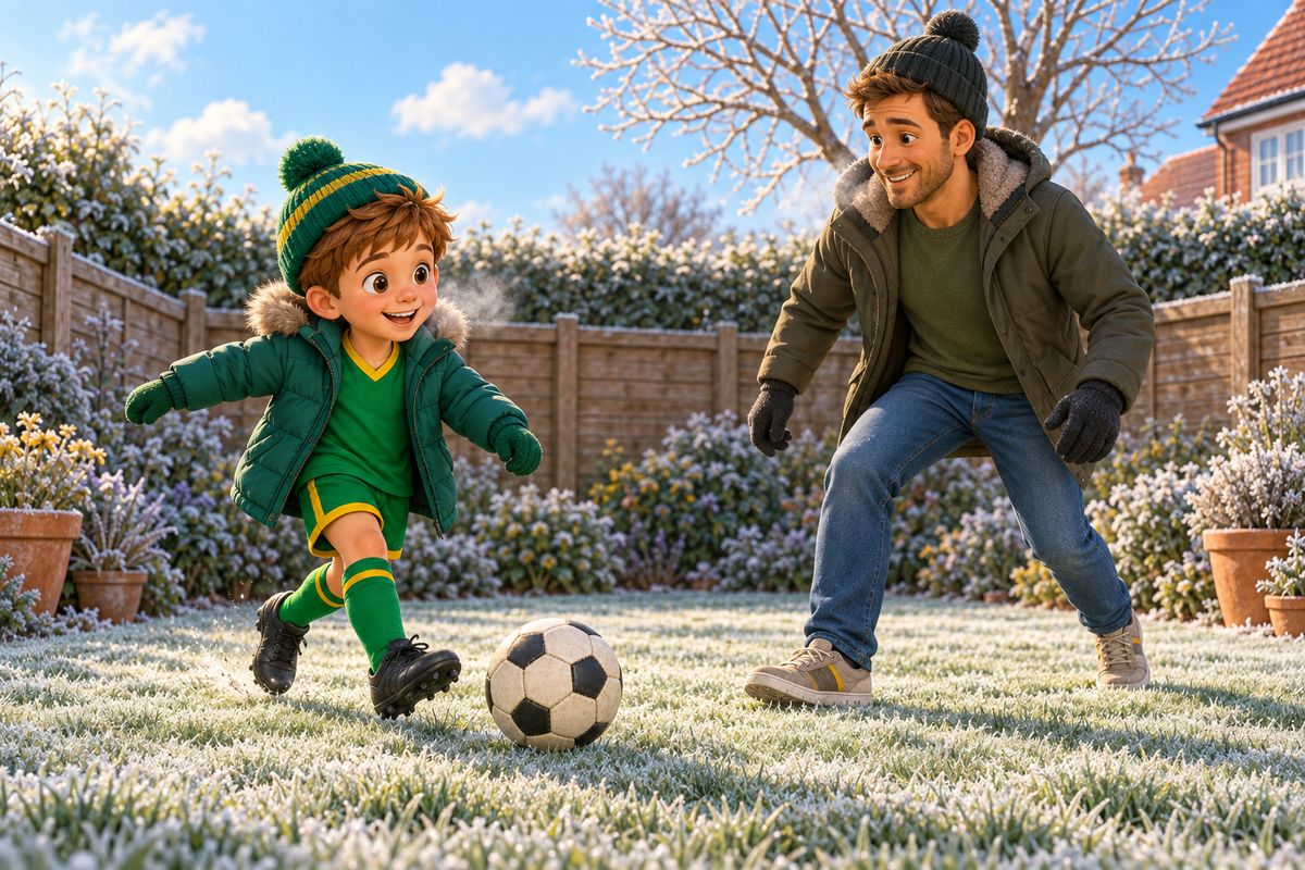 A dad and boy playing football in a frosty UK garden in crisp winter daylight, both wrapped up warmly in hats and gloves.