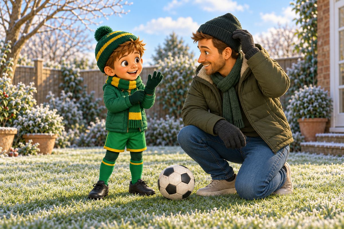 The boy pulling on a pair of gloves while Dad adjusts his own hat, a football resting on the ground beside them.