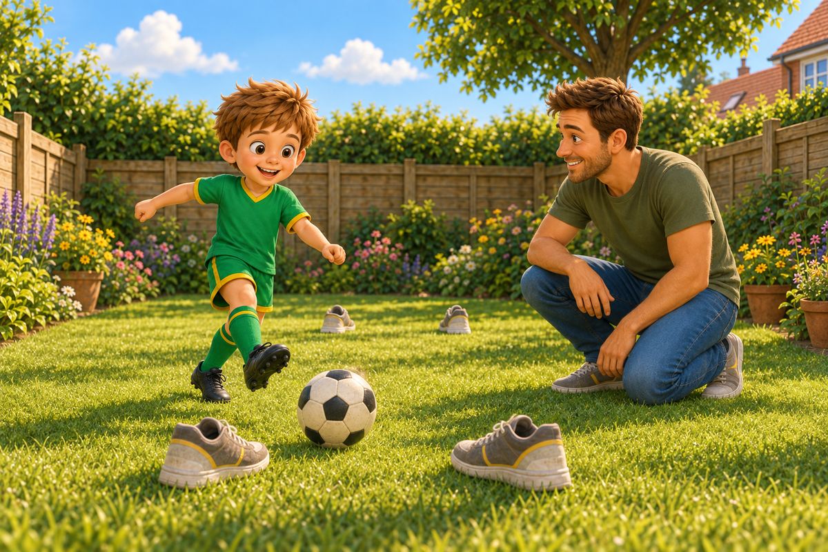 A dad and boy playing the same wide-gate football target game in a UK garden, with a second, slightly narrower gate a bit further away suggesting the same game growing harder over time.