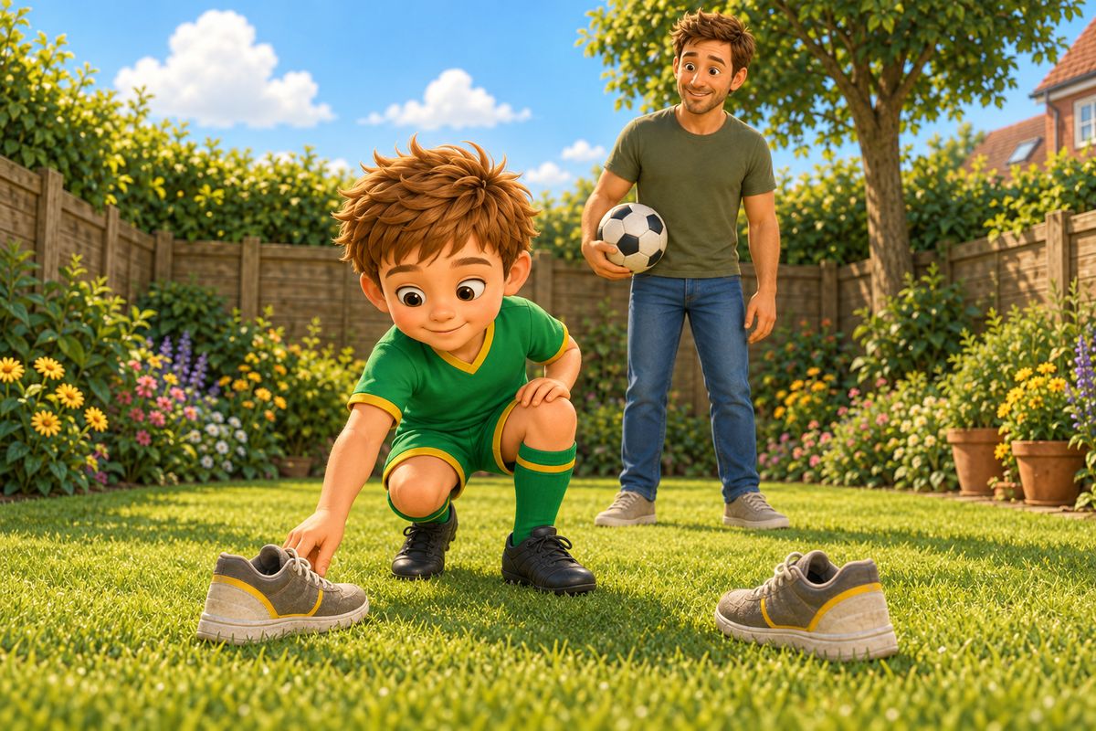 A boy adjusting a trainer to narrow a football target gate slightly, with a dad watching a short distance away in a UK garden.