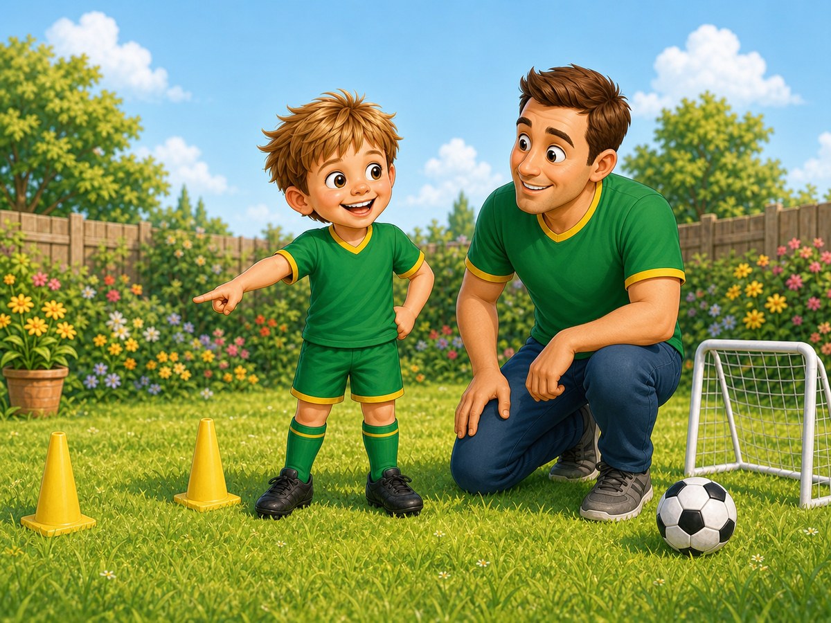Cartoon child choosing the next football setup while a grown-up kneels and listens