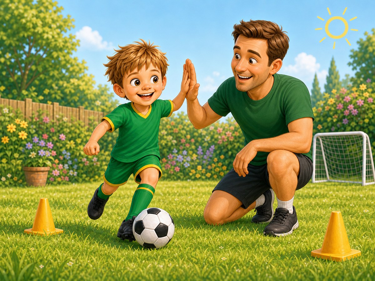 Cartoon child celebrating an easy football success with a gentle high five from a grown-up