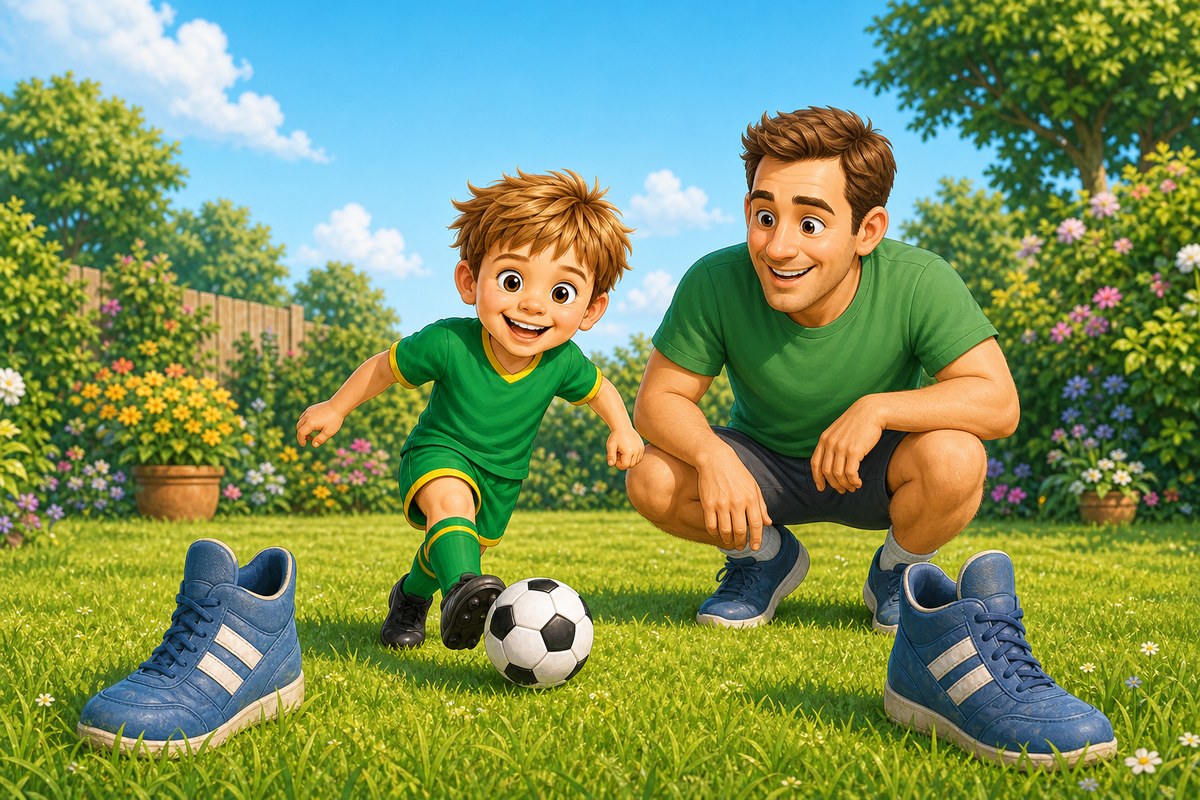 Cartoon child and grown-up guiding a football towards a very wide gate made from two trainers