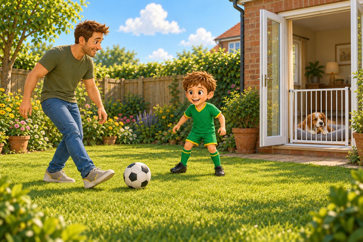 A dad and a boy pass a football on the garden lawn while the family dog lies on its bed with a chew, behind a closed pet gate across the open back door.