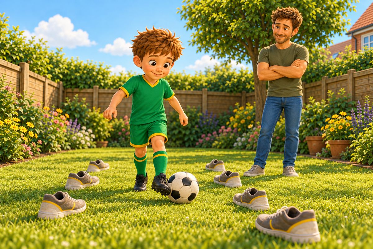A boy walks a football along a lane of shoes on a lawn while a dad watches from the side.