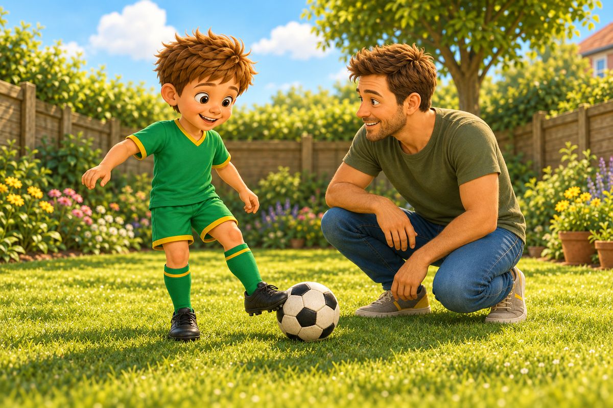 A dad crouches on the lawn to watch a boy's foot nudge a football with its outer edge.