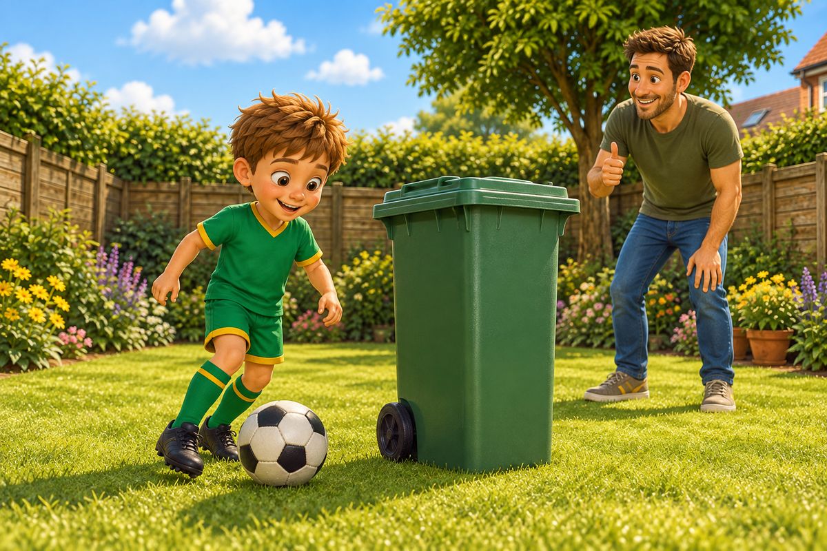 A boy curves a football round a green recycling bin on the lawn while a dad smiles from a few steps away.