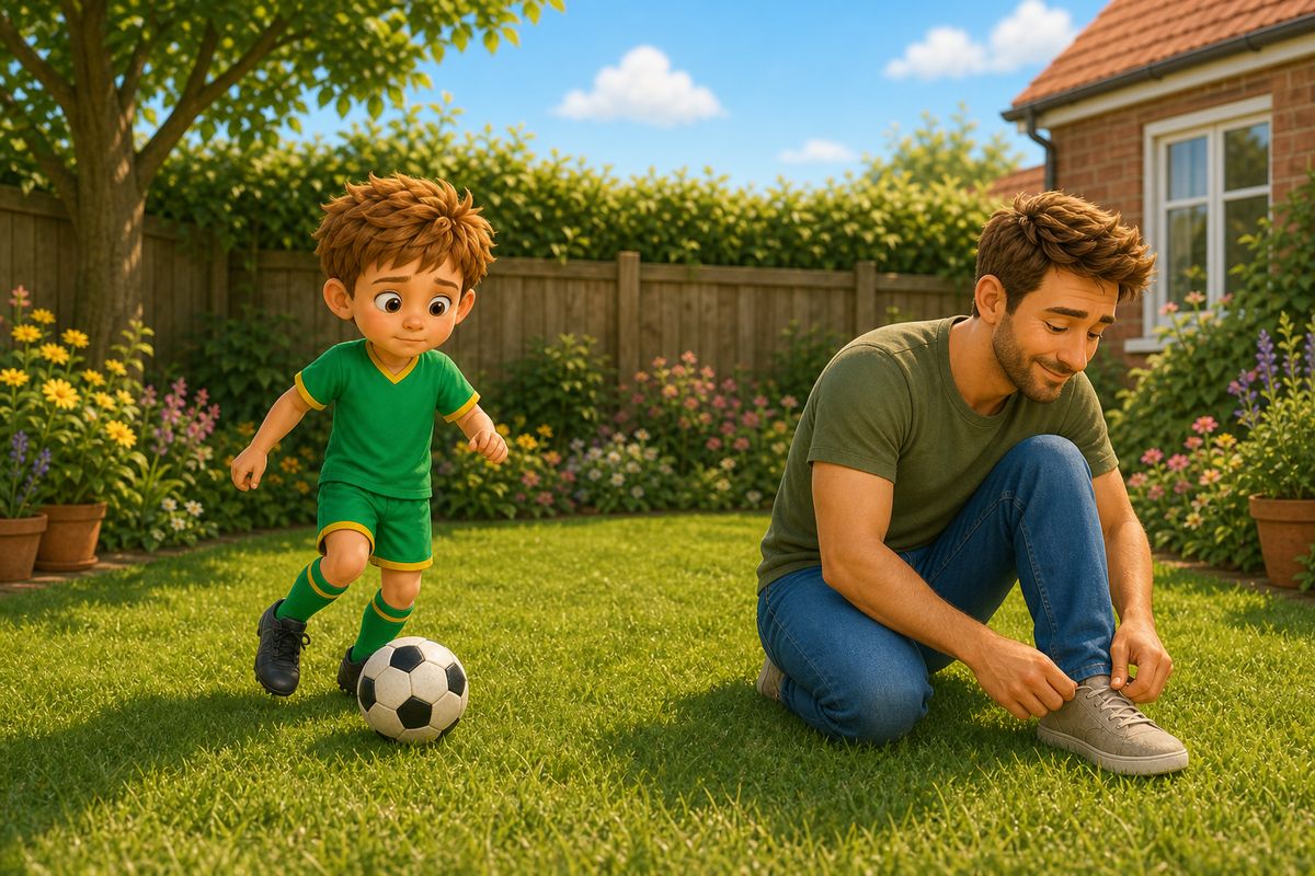 A boy dribbling a football alone in a small UK garden with a careful, slightly guarded expression, while dad sits nearby on the grass not looking directly at him, giving him space to try