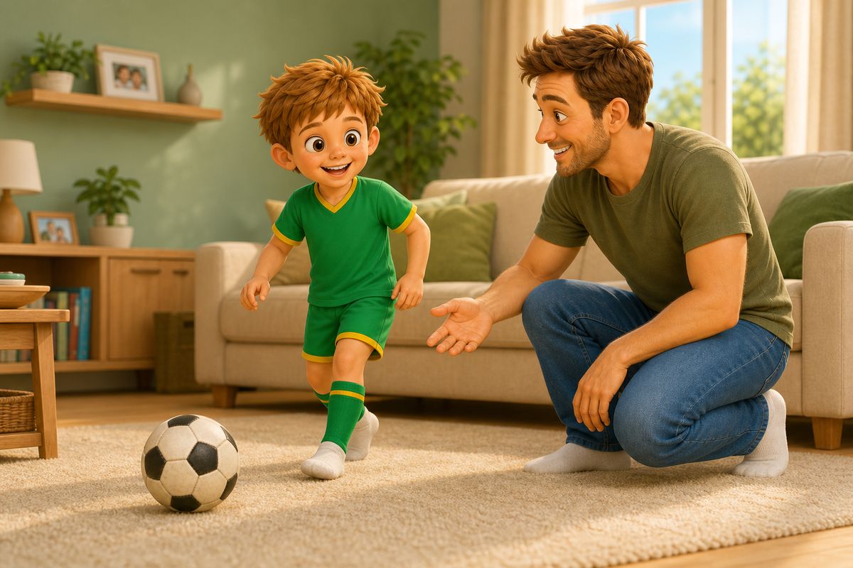 Dad crouching at a child's eye level with an open, easy, reassuring expression and a relaxed open hand gesture, no frown, after a football has rolled a short distance away on a living room rug