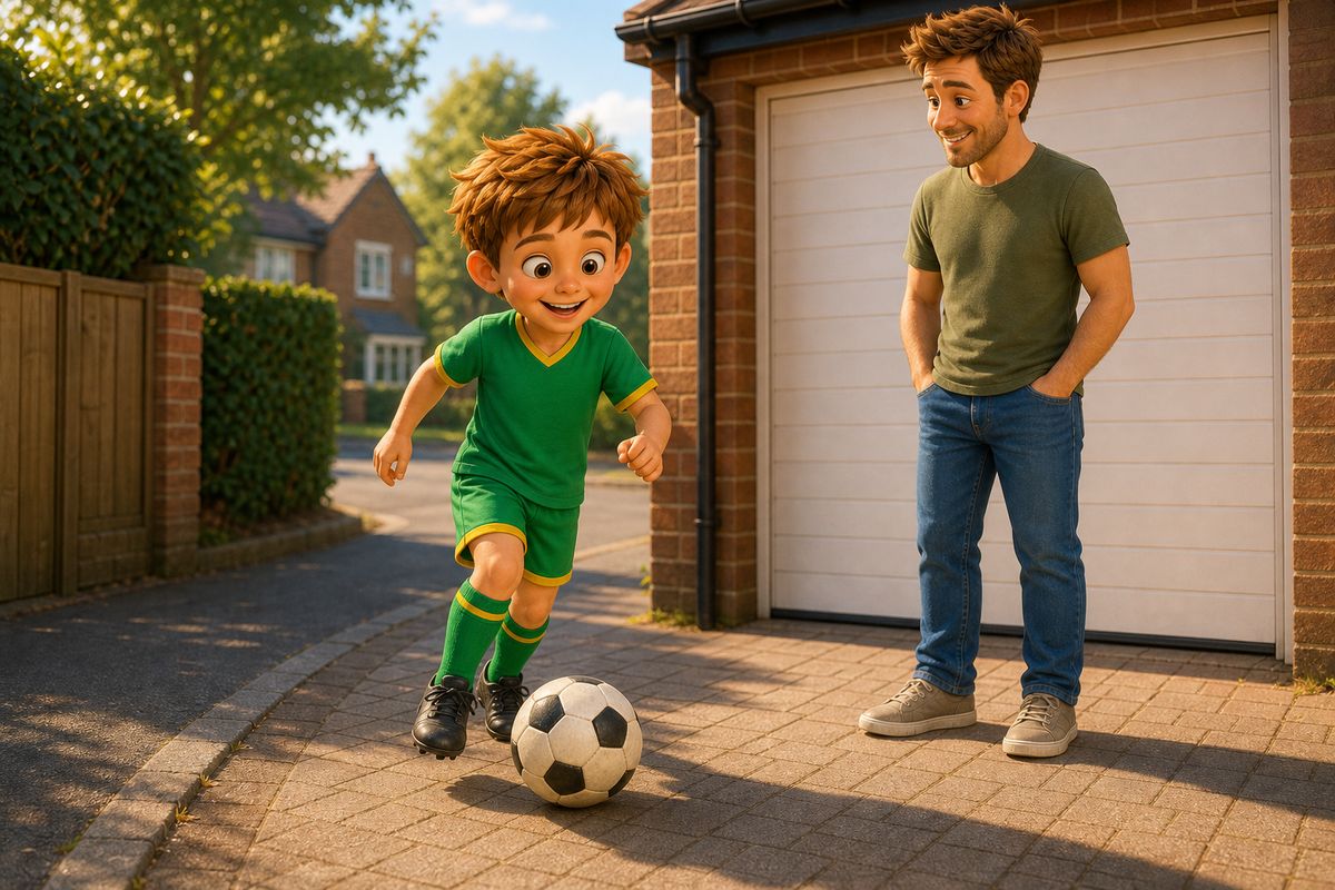 Cartoon boy line-dribbling a football along the edge of a UK driveway while his dad watches from near the garage door
