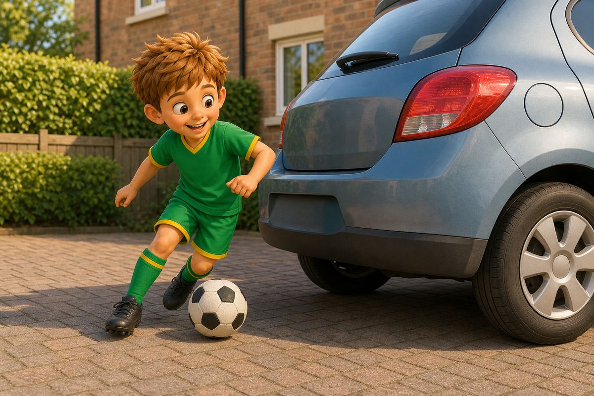 Cartoon boy dribbling a football in a tight turn around a parked car on a UK driveway as part of a slalom game