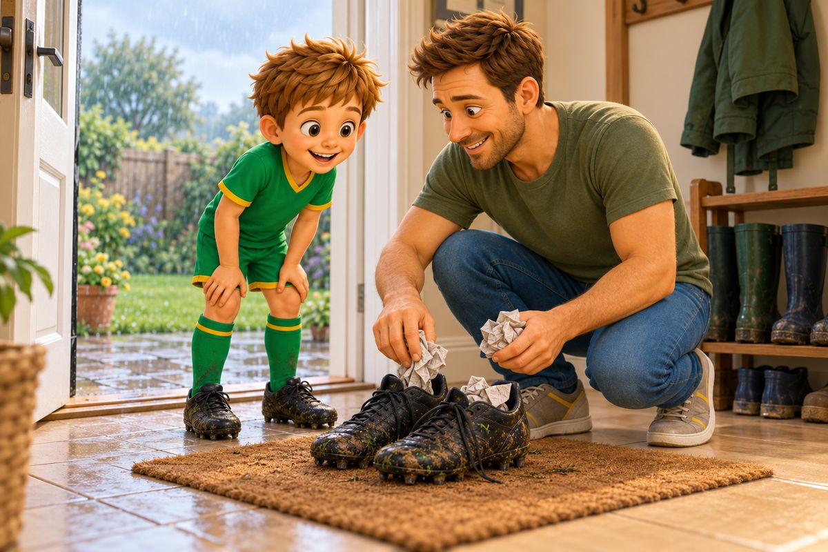 A dad crouches beside a pair of muddy football boots stuffed with newspaper on a doormat by a back door while a boy looks on.