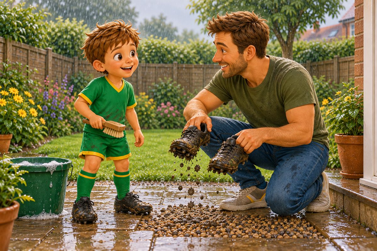 A dad knocks two muddy football boots together outside a back door while a boy holds a brush beside a bucket.