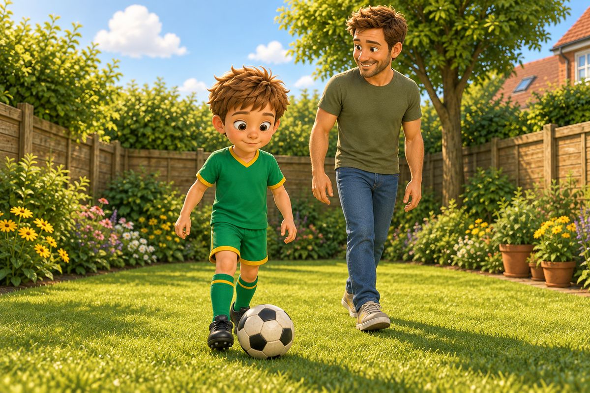 A boy walking forward in a UK garden taking small, controlled touches on a football that stays close to his feet, dad walking a little way behind watching and smiling, both moving at an unhurried walking pace.