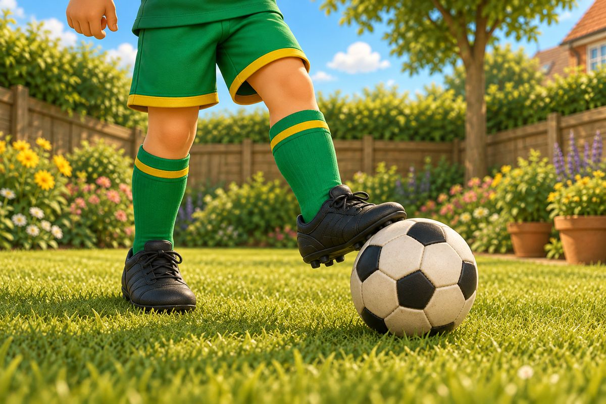 A close view of a boy's feet taking a small controlled tap on a football that stays within a short distance of his feet on a UK garden lawn.