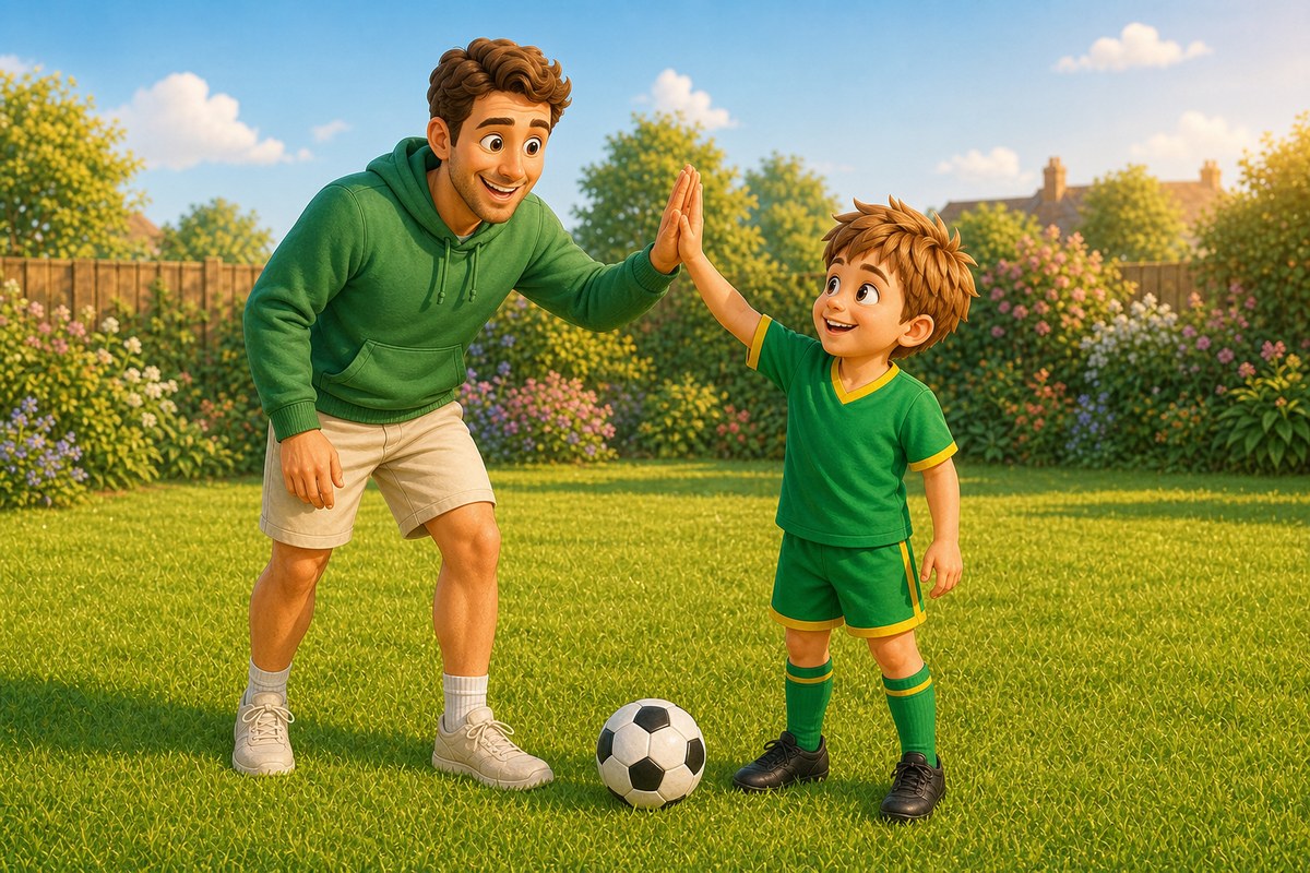 Dad and boy sharing a high-five after a short round, one football resting between them, both with warm proud smiles
