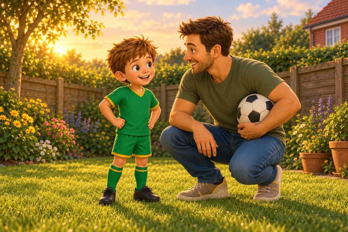 A dad crouched down to a boy's eye level in a UK garden in warm early-evening light, holding a football under one arm, both smiling calmly as if agreeing the session is ending well.