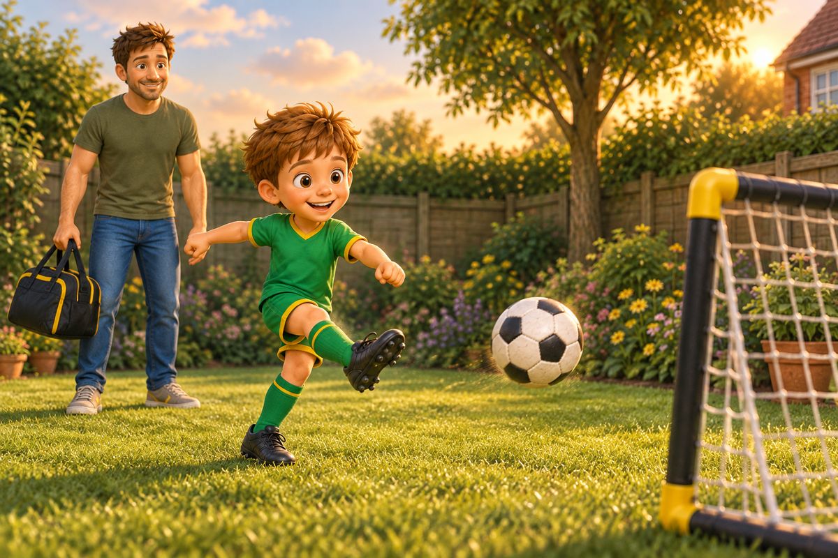 A boy taking one last shot at a small goal in a UK garden while a dad watches nearby holding an open kit bag, showing a closing ritual before the ball is put away.