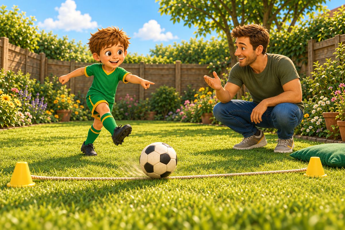 A dad and a boy on a sunny lawn with a skipping rope as the goal line, a cushion in the corner and a ball rolling over the line.