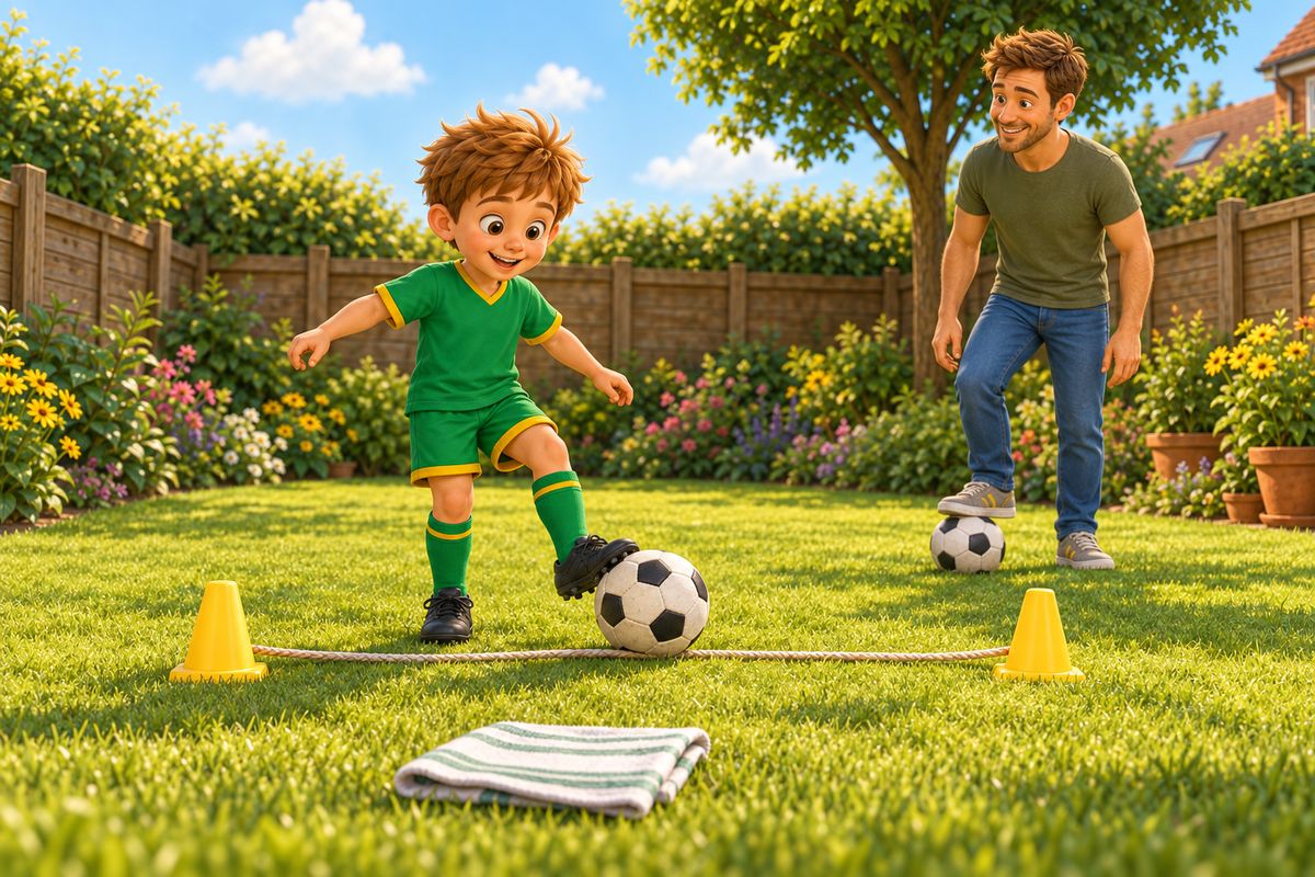 A boy stands between two cones on the lawn and stops a gentle shot with his foot while his dad waits by a cushion in the corner.
