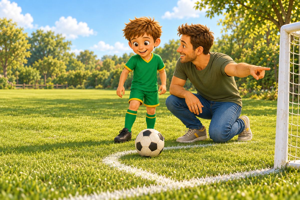 A dad crouches beside a boy next to a ball placed in the corner of a park pitch, with open grass behind them.