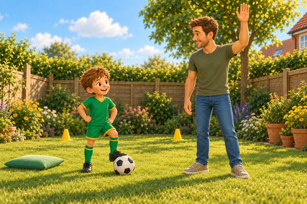 A dad stands on a garden lawn with one arm raised above his head to signal a free kick, while a smiling boy stands beside a football and a cushion placed on the grass.