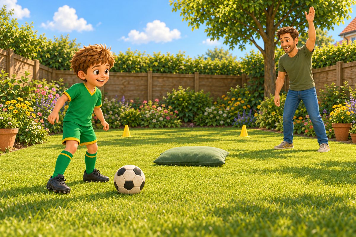 In a garden a boy is about to take a gentle free kick towards two cones marking a goal, while a dad stands to one side with his arm raised and a cushion lies on the lawn.