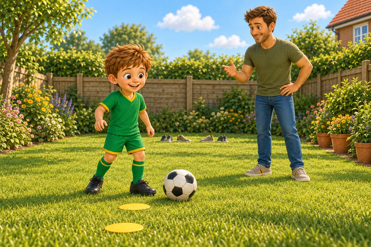 A dad and a boy in a UK garden, with two soft yellow markers set out on the lawn as pretend defenders, the boy standing level with them and the football resting ready.