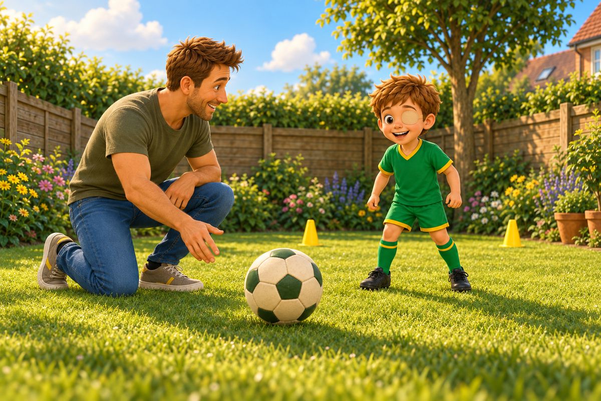 A dad kneels on a garden lawn and rolls a large soft ball along the grass to a smiling boy who wears a plain round patch over one eye.