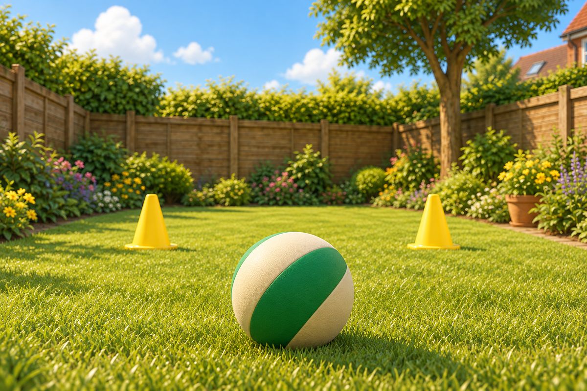 Two yellow cones set wide apart on a lawn as a generous goal, with a large soft ball resting on the grass a few strides away.