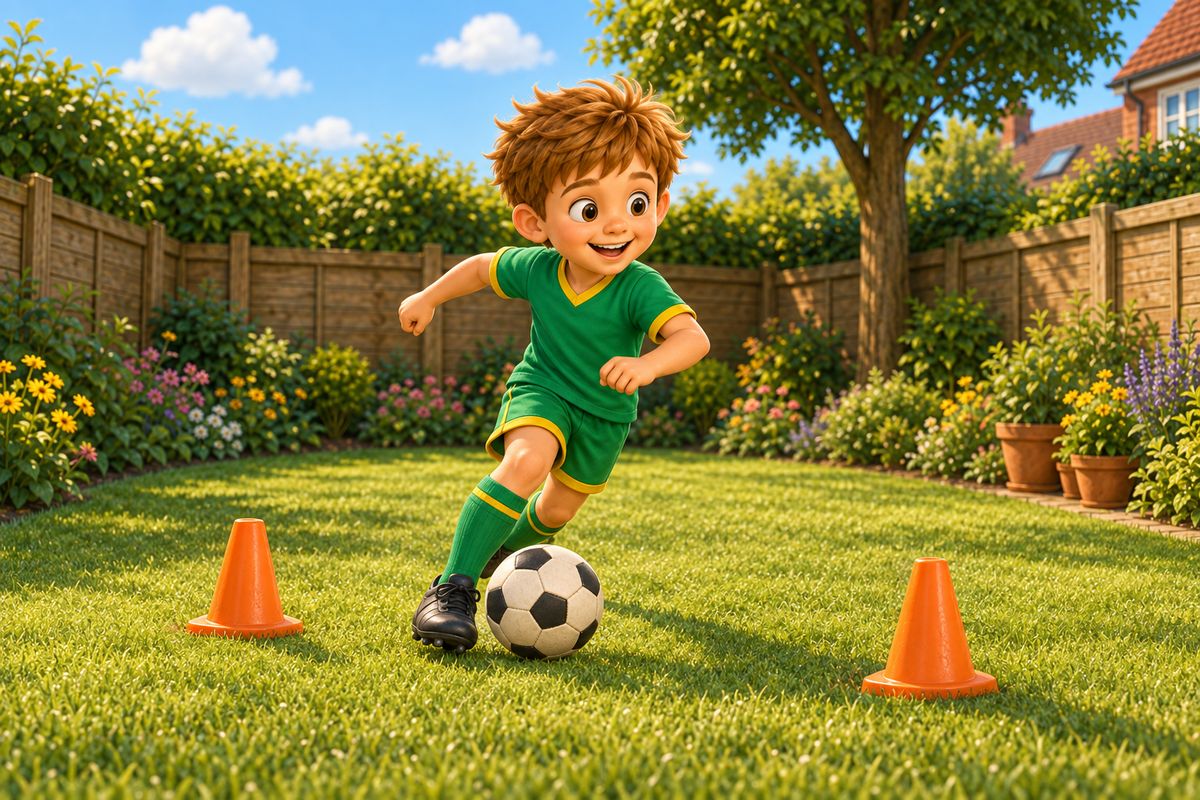 A boy mid-weave dribbling a football in a continuous figure-of-eight path around two training cones on a lawn in a small UK garden.