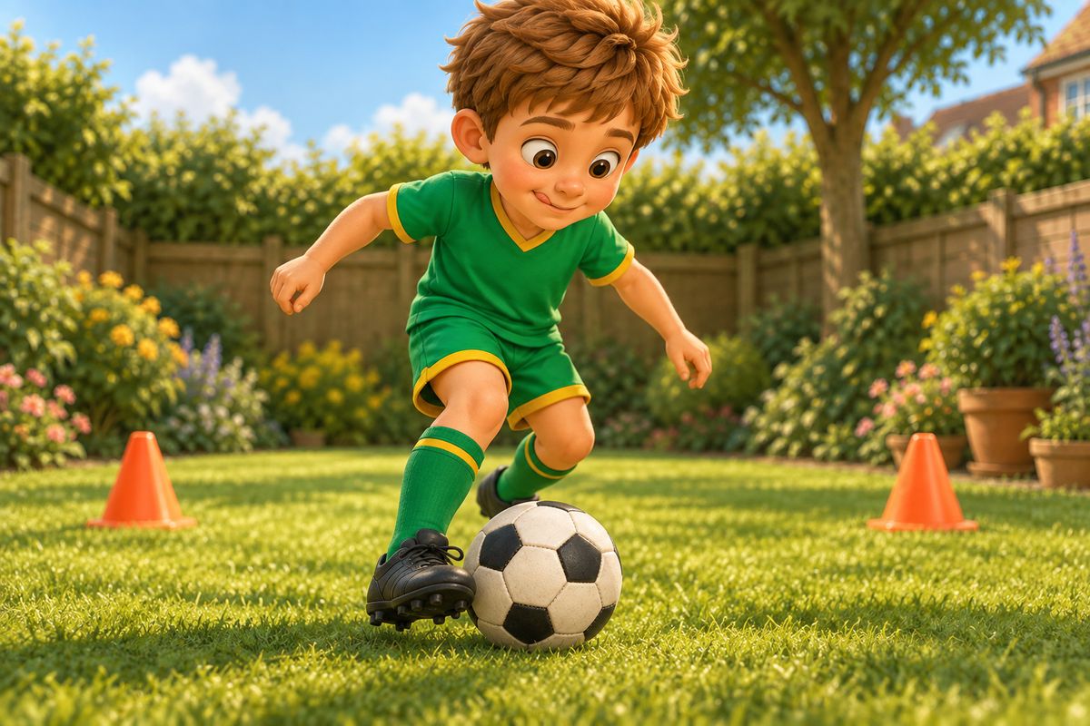 A close view of a boy's feet and the football right at the crossover point in the middle of a figure-eight dribble on a garden lawn.