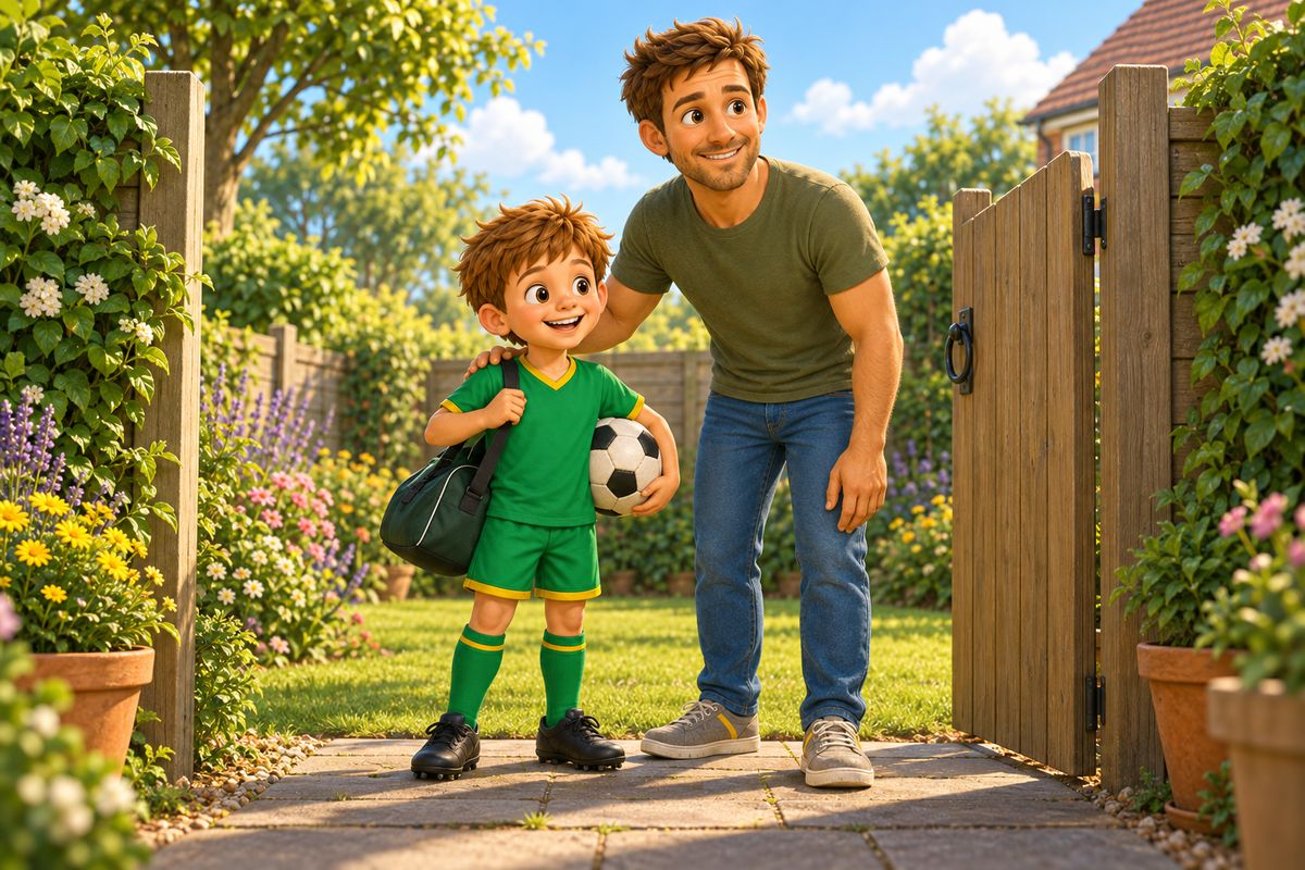 A dad and boy standing together by a garden gate, the boy holding a small kit bag and a football, looking out with a hopeful expression.