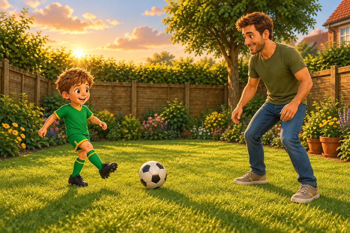 A dad and boy practising a simple passing game in the garden the evening before, both relaxed and smiling.