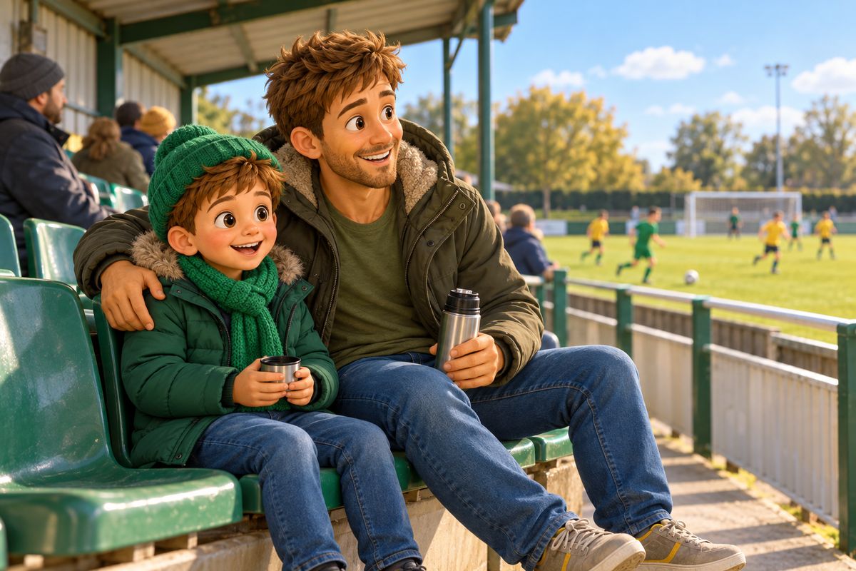 A dad and boy in warm coats sit side by side in a small stand at a modest football ground, the boy holding a flask lid and watching the match.