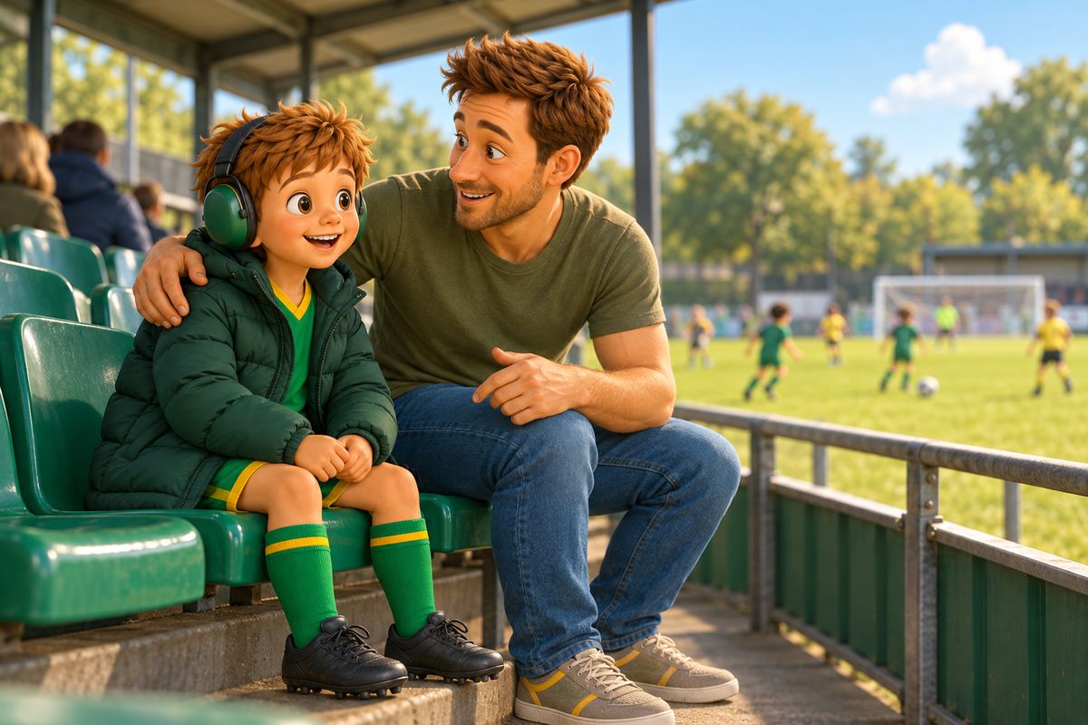 A boy wearing child-sized ear defenders smiles at the pitch while his dad leans in beside him in a small football stand.