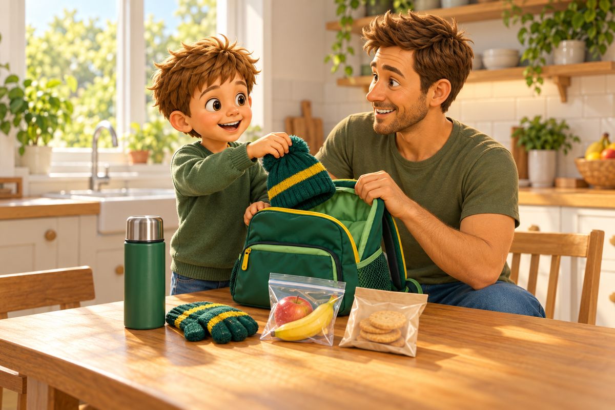 A dad and boy pack a small rucksack on a kitchen table with a flask, hat, gloves and snacks laid out beside it.