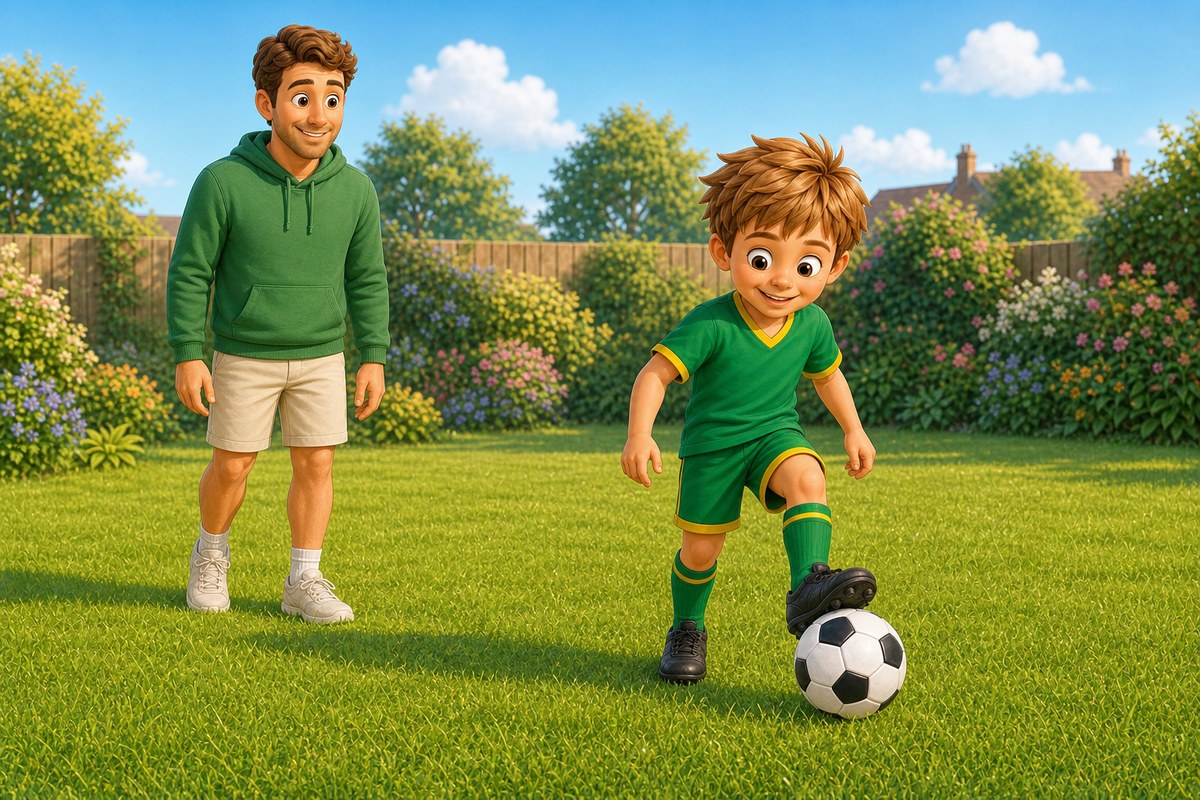 Cartoon boy tentatively stopping a slow-rolling soft football under one boot with a small proud smile
