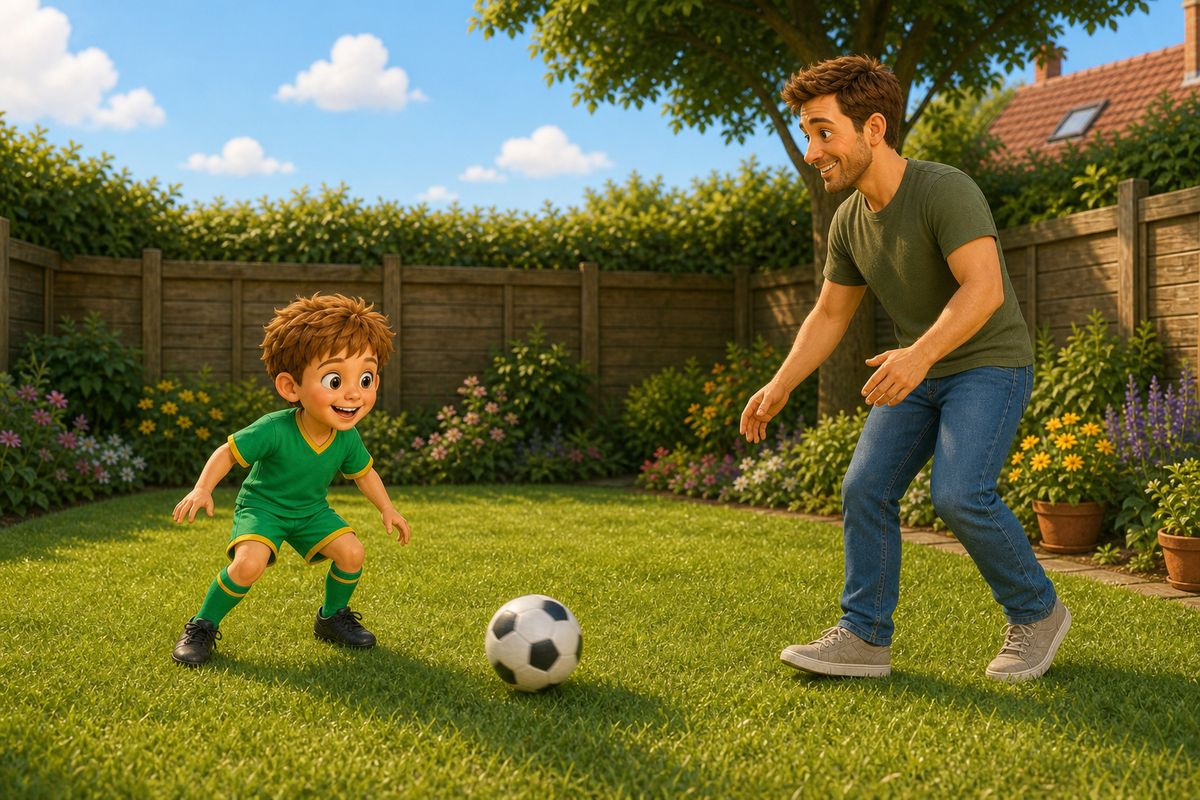 A dad gently rolls a football toward a boy in a small UK garden, the boy watching it closely with his foot ready to stop it dead as part of a first touch freeze game