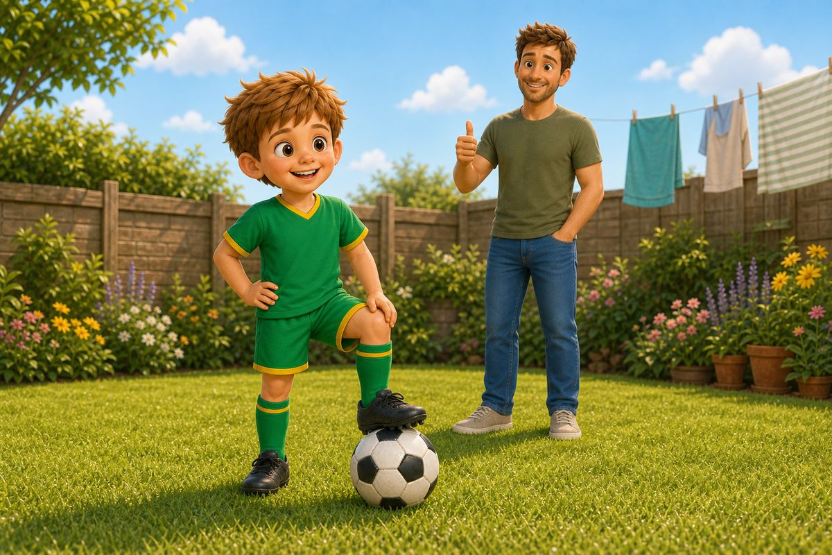 A boy in a UK garden with his foot resting on top of a football that has come to a complete stop, a dad a short distance away having just served the pass